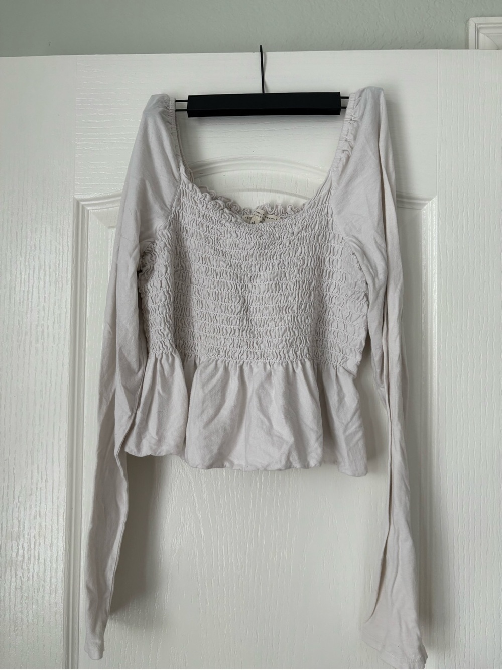 Truly Madly Deeply White Smocked Peplum Long-Sleeve Crop Top